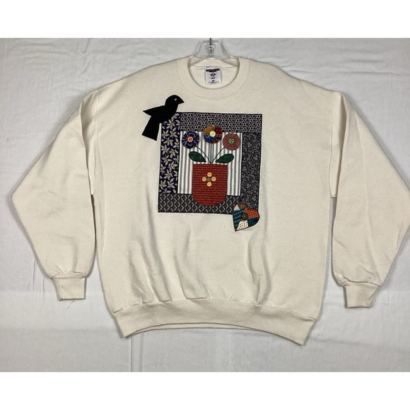 Vtg 90s Granny Core‎ Floral Quilt Patchwork Fall Sweatshirt Jerzees Women's XL - Picture 1 of 9